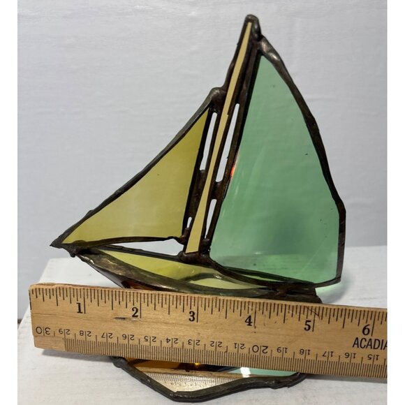 Stained Glass Sailboat Mirrored Base 6" Tall Green Yellow Brown Beach Lakehouse - Picture 7 of 8